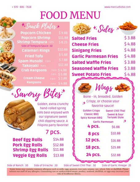 Colorful food menu featuring small plates, savory bites, and wings with prices listed.