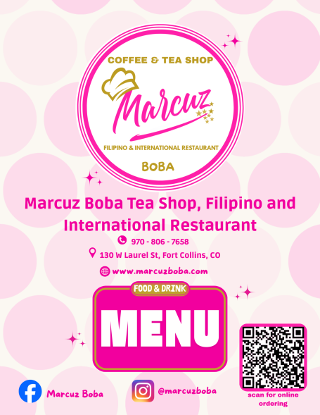 Logo and menu for Marcuz Boba Tea Shop, featuring Filipino and international cuisine.