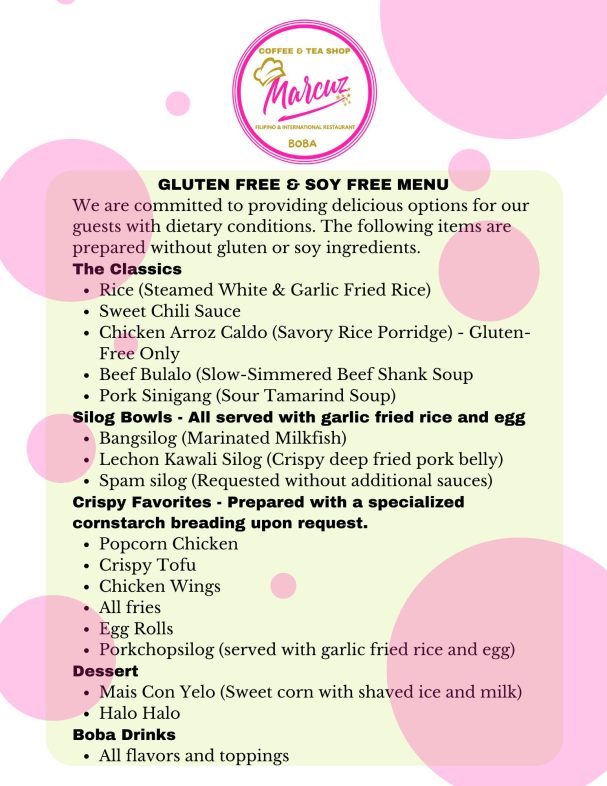 Gluten-free soft serve menu featuring various flavors and dessert options.